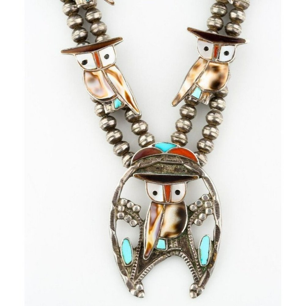 PW NATEWA (NM) STERLING SILVER ZUNI OWL SQUASH BLOSSOM NECKLACE 25.5" L